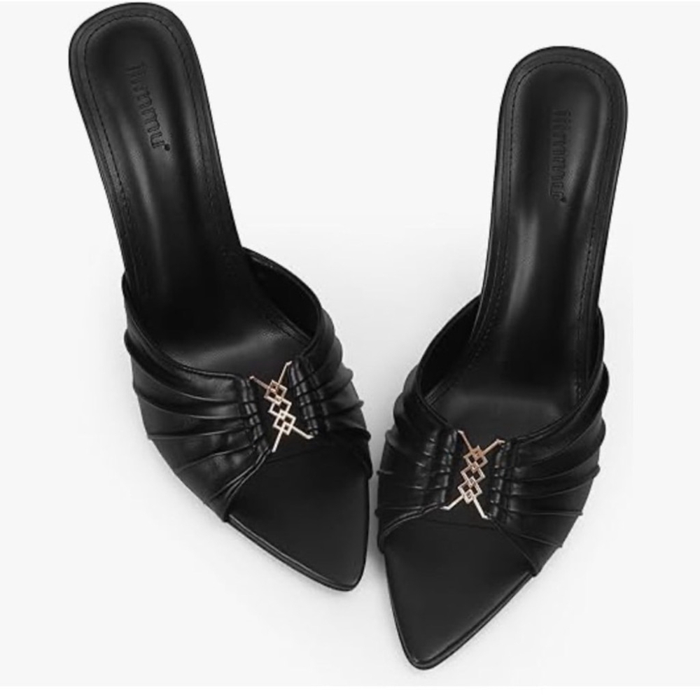 NEW Mules Heeled Sandals Vegan Leather High 3.5in Heels Pointed Peep Toe 7